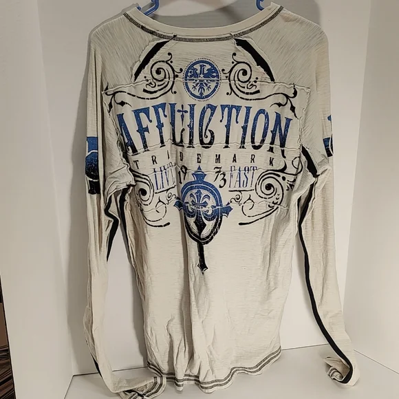 Men's M Affliction Long Sleeve T Shirt Cream Blue Ombre Eagle Fluer De Lis - Picture 3 of 5
